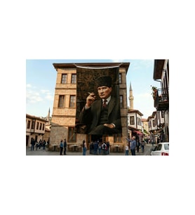 Kalpaklı Mustafa Kemal Atatürk Portresi Poster Bayrak Premium Raşel Kumaş ATA70
