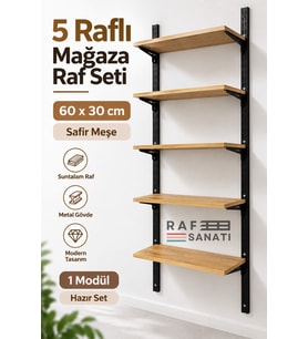 1 Modül 5 Raflı Konik Dikme Mağaza Raf Sistemi 60x30 cm Safir Meşe Suntalam Duvar Rafı