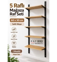 1 Modül 5 Raflı Konik Dikme Mağaza Raf Sistemi 60x30 cm Safir Meşe Suntalam Duvar Rafı