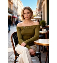 Kadın Bluz Carmen Yaka Uzun Kol Fitted Ribana Örme Kemer Aksesuar Detaylı Düz Desen Regular