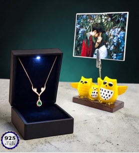 Fotoğraflı Işıklı Kutusunda 925 Ayar Gümüş Safir Taşlı Damla Kolye (Baykuşlu)