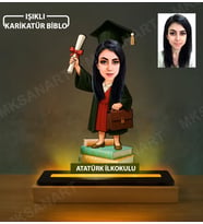 Kişiye Özel Kız Mezun Karikatürlü 14 cm MDF Işıklı Biblo - Mezuniyet Hediyesi Yeni Mezuna Hediye
