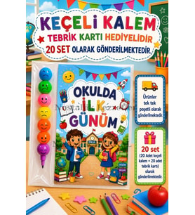 20 Adet Okulda İlk Günüm Yazılı Hediye Seti 1. Sınıf- Sene Başı Hatırası Keçeli Kalem Tebrik Kartı Hediyeli