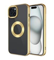 Coverzone Apple iPhone 15 Plus ile uyumlu K?l?f Kamera Korumal? Logo G�steren Parlak renk kenar �izgileri ile ??k bir tasar?m Colored Z-Omega Kapak Gold