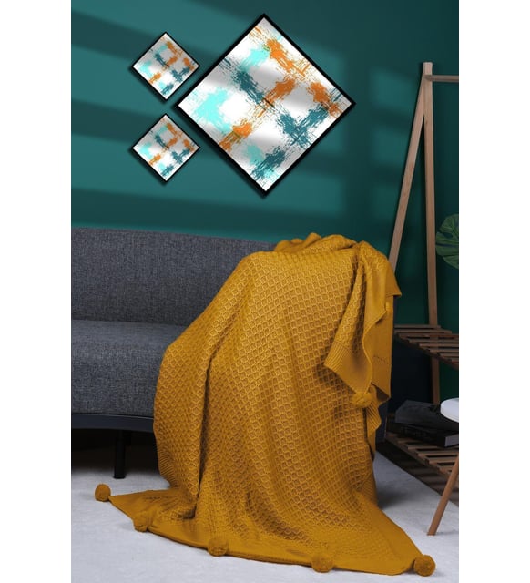 Yeliz Triko Örgü Tv Battaniyesi 10 Ponponlu 130 X 170 Cm (Hardal)