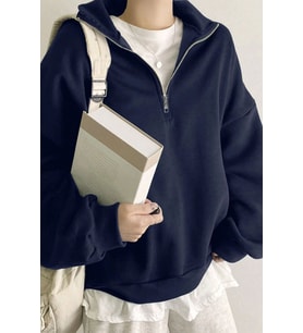 Ghassy Co. Kadın Pamuklu Oversize Silver Yarım Fermuarlı Sweatshirt (Lacivert)
