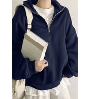 Ghassy Co. Kadın Pamuklu Oversize Silver Yarım Fermuarlı Sweatshirt (Lacivert)