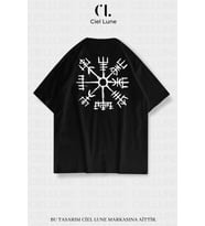 Unisex Kadın Erkek Viking Pusula Vegvisir Baskılı Özel Tasarım Oversize T-shirt (Siyah)