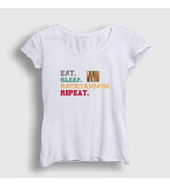 Presmono Kadın Beyaz Eat Sleep Backgammon Repeat Tavla T-Shirt 418181tt (Beyaz)