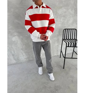 Unisex Üç İplik Parçalı Yakalı SweatShirt - Kırmızı