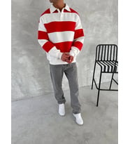 Unisex Üç İplik Parçalı Yakalı SweatShirt - Kırmızı