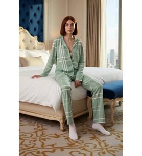 Kadin Ekose Ayicik Desenli Pijama Takımı Gömlek Yaka Uzun Kollu Fonksiyonel Dayanıklı Spor