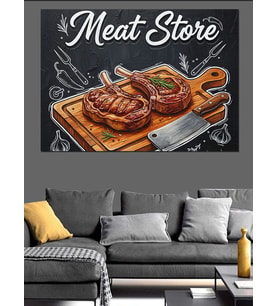 Et Tahtasında Pirzola Çizimli "Meat Store" Kasap Afişi Dekoratif Kanvas - Mdf Ahşap Tablo