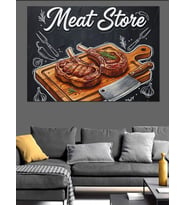 Et Tahtasında Pirzola Çizimli "Meat Store" Kasap Afişi Dekoratif Kanvas - Mdf Ahşap Tablo