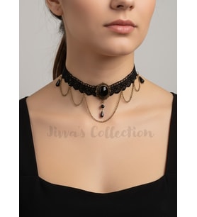 Gotik Siyah Dantel kolye. Vintage Esintili Siyah Dantel Gerdanlık Zincirli. Antik altın renk