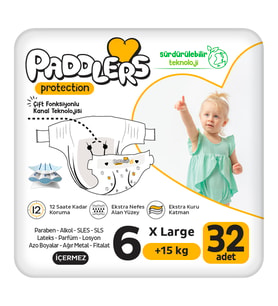 Paddlers Protection Bebek Bezi 6 Numara X-Large (15+ Kg) 32 Adet – Jumbo Paket, Maksimum Koruma