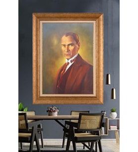 Altın Varaklı Çerçeveli Paspartulu Atatürk Tablo nh222 (Gold)