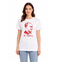 Echo Kadın Atatürk Baskılı Tişört Kısa Kollu Bisiklet Yaka T-Shirt - Beyaz-Kırmızı