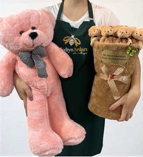 Pembe Peluş Ayıcık ve Kişiye Özel Tasarım Ayıcık Buketi - Premium Büyük Boy (Kahverengi)