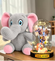 Kişiye Özel 3 Fotoğraflı Yazılı LED Işıklı Fanus ve Sevimli Peluş Fil Hediye Seti (unicornlu)