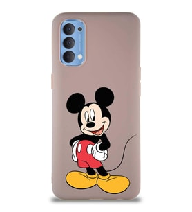 Oppo Reno 4 Soft Premier Kapak Mickey Mouse-E Tasarımlı Silikon Kılıf - Pudra (Şeffaf)