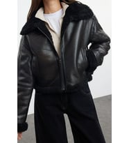 Tasarım Düz Astarsız Yaka Standart Oversize Gömlek Kadın Peluş Detaylı Biker Ceket Mont