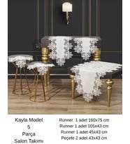 Salon Takımı 5 Parça Keten Dantelli Masa Örtüsü Runner Seti Çeyizlik Kayla Model Krem-Krem