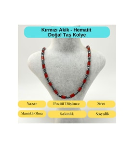 Sertifikalı Kırmızı Akik ve Hematit Makrome Doğal Taş Kolye 55 - 65 cm Ayarlanabilir Ölçü