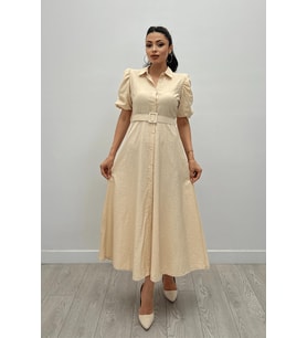 Cotton Kumaş Düğme Detaylı Gömlek Elbise - KREM