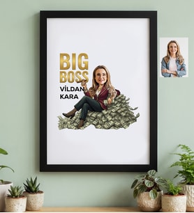 Kişiye Özel Karikatürlü Big Boss Kadın Patrona Hediye Siyah Çerçeve Doğum Günü Hediyesi