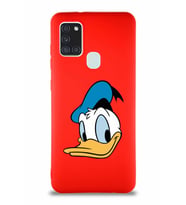 Samsung Galaxy A21S Soft Premier Kapak Donald Duck-B Tasarımlı Silikon Kılıf - Kırmızı (Şeffaf)