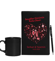 Sevgililer Gününe Özel Siyah Defter Kalem & Varil Kupa Hediye Seti 11