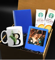 Kişiye Özel Harf Tasarım Kupa & 2'li Starbucks Latte & Mavi Defter & Kişiye Özel Mavi Ahşap Çerçeve