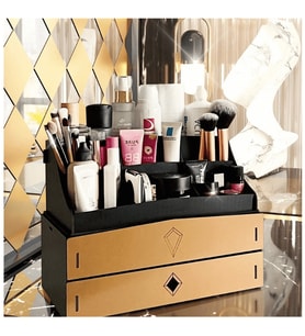 Design OTTO Bella Large 2 Katlı 2 Çekmeceli Ahşap Makyaj Takı Banyo Kozmetik Düzenleyici Organizer Ceviz (Siyah-Gold)