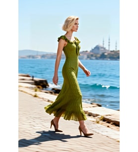 Kadın Bodycon Etek Maxi Elbise Kalıp Askılı Yaka Volanlı Omuz Kolsuz Örme Desenli Ucu Spor