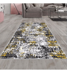 Gri Batik Desenli Hardal Detay Yıkanabilir Kaymaz Taban Leke Tutmaz Modern Salon Halısı ve Yolluk (Gri-Beyaz)