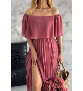 Neşeli butik kadın madonna yaka piliseli şifon elbise NBK2099 (Gül Kurusu)