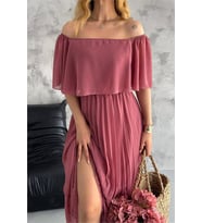 Neşeli butik kadın madonna yaka piliseli şifon elbise NBK2099 (Gül Kurusu)