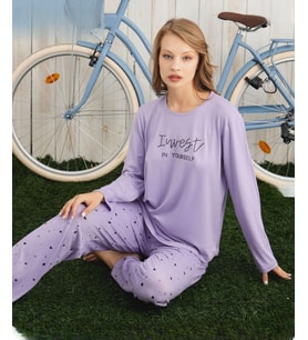 Pijamoni Kadın Milan Bisiklet Yaka Uzun Kol İnce Pijama Takımı 7600/30 - 1 Adet (Lila)