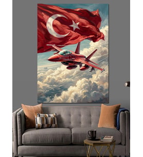 Türk Bayrağı Altında Jet Uçağı Dekoratif Kanvas - Mdf Ahşap Tablo