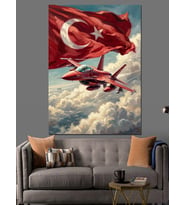 Türk Bayrağı Altında Jet Uçağı Dekoratif Kanvas - Mdf Ahşap Tablo