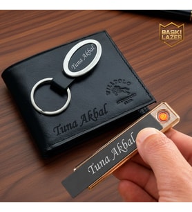 Kişiye Özel Hakiki Deri Cüzdan Usb Şarjlı Çakmak Anahtarlık  - Sevgiliye Arkadaşa Eşe Babaya Hediye Seti