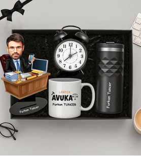 Kişiye Özel Fotoğraflı Avukat Tasarımlı Biblo,Beyaz Kupa,Termos Ve Masa Saati Hediye Seti (STD)