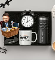 Kişiye Özel Fotoğraflı Avukat Tasarımlı Biblo,Beyaz Kupa,Termos Ve Masa Saati Hediye Seti (STD)