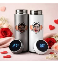BK Gift Kişiye Özel Karikatürlü Filtreli Dijital Göstergeli Gümüş&Beyaz 2'li Çelik Termos -1, Sevgiliye Hediye, Sevgililer Günü Hediyesi
