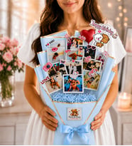Kalpli Balon & Happy Brithday Çubuk Stickerlı(Mavi) - 12 Fotoğraflı Şık Anı Buketi - Kişiye Özel Çiçek Buketi Sevgiliye -Arkadaşa- Yeni Doğan Bebek Hediyeleri Root&Hug