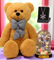 Büyük Boy Kahverengi Peluş Ayıcık, Size Özel Led Işıklı Fanus ve Gerçek Ametist Taşlı Lotus Kolye (Model 5)