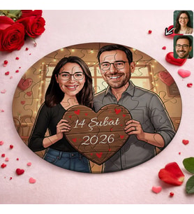 BK Gift Kişiye Özel Sevgili Karikatürlü Yuvarlak Puzzle 20x20cm -3, Sevgililer Günü Hediyesi, Sevgiliye Hediye