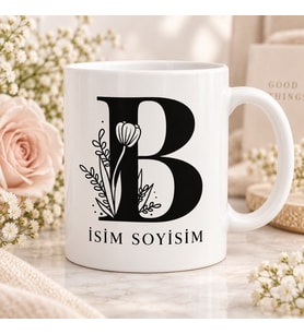 Kişiye Özel Baş Harf ve İsim Yazılı Çiçek Motifli B Harfli Seramik Kupa Bardak