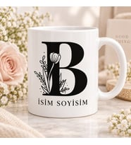 Kişiye Özel Baş Harf ve İsim Yazılı Çiçek Motifli B Harfli Seramik Kupa Bardak
